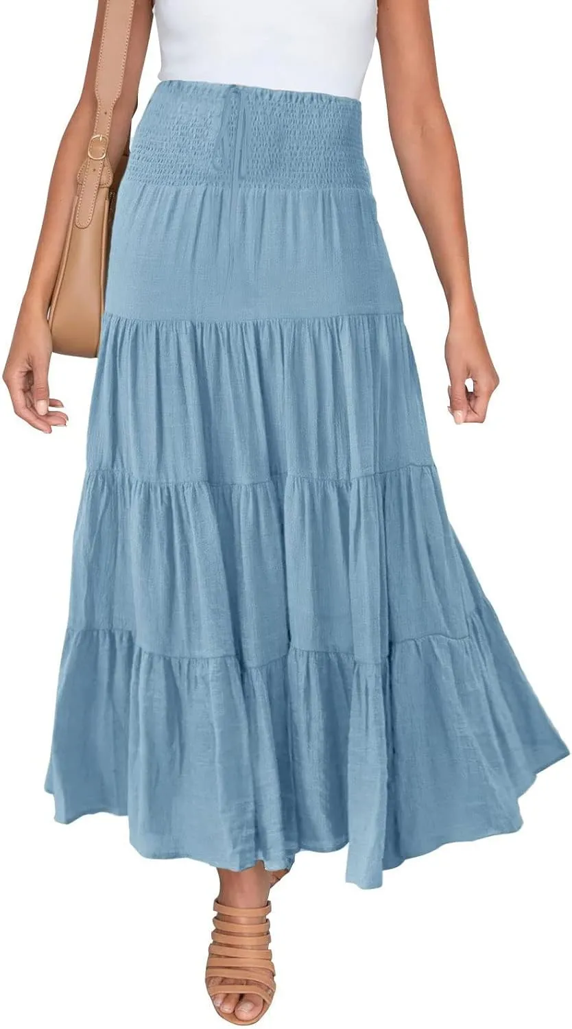 Women Maxi Skirt Boho Flowy High Waist Pleated Tiered Long Skirt Ruffle A-Line Summer Vacation Beach Long Dress