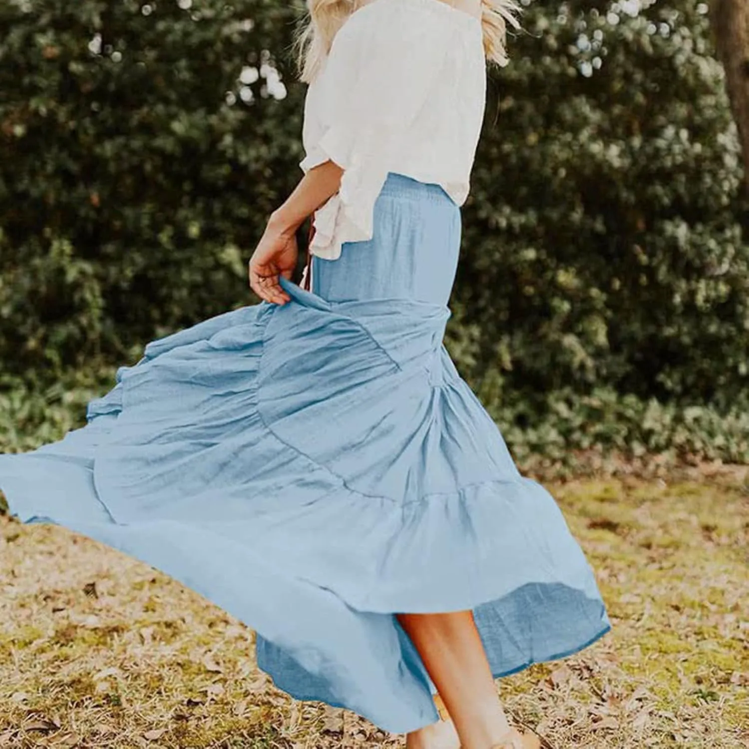 Women Maxi Skirt Boho Flowy High Waist Pleated Tiered Long Skirt Ruffle A-Line Summer Vacation Beach Long Dress