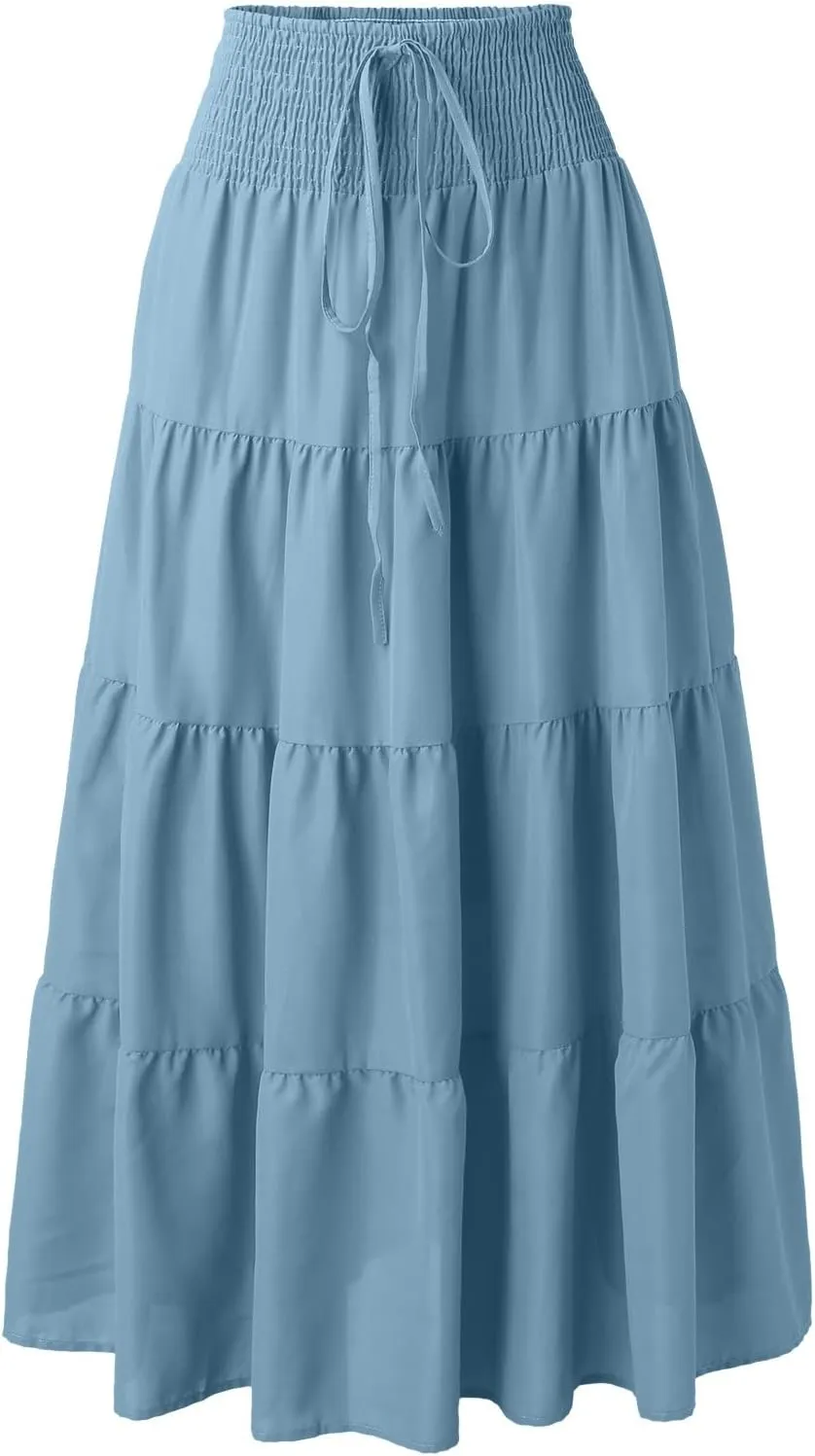 Women Maxi Skirt Boho Flowy High Waist Pleated Tiered Long Skirt Ruffle A-Line Summer Vacation Beach Long Dress