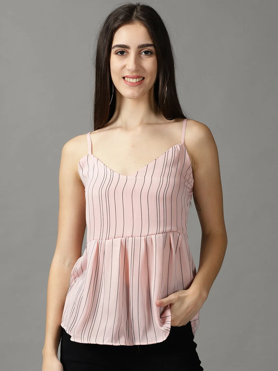 Women Pink Striped Shoulder Straps Empire Top