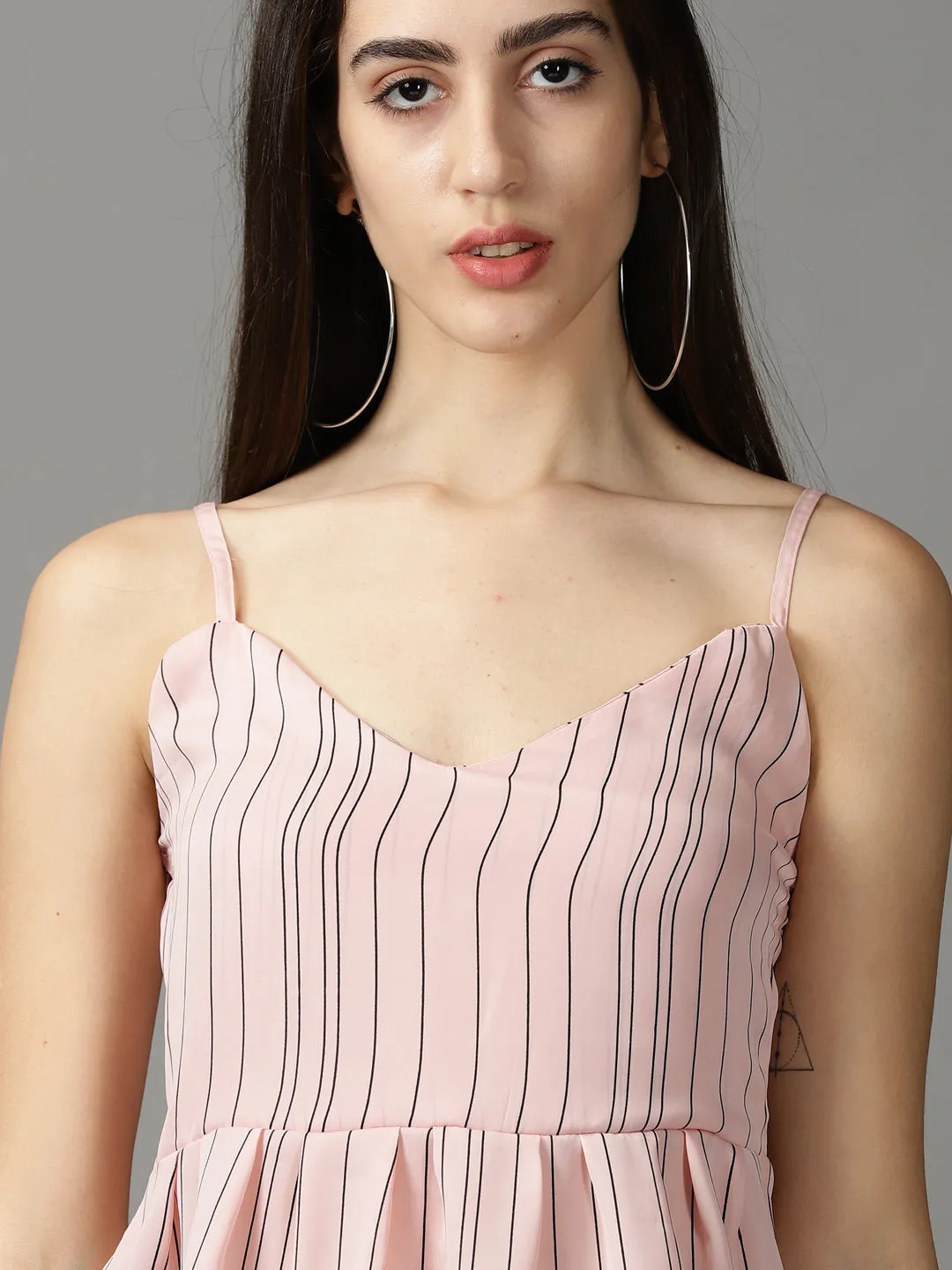 Women Pink Striped Shoulder Straps Empire Top