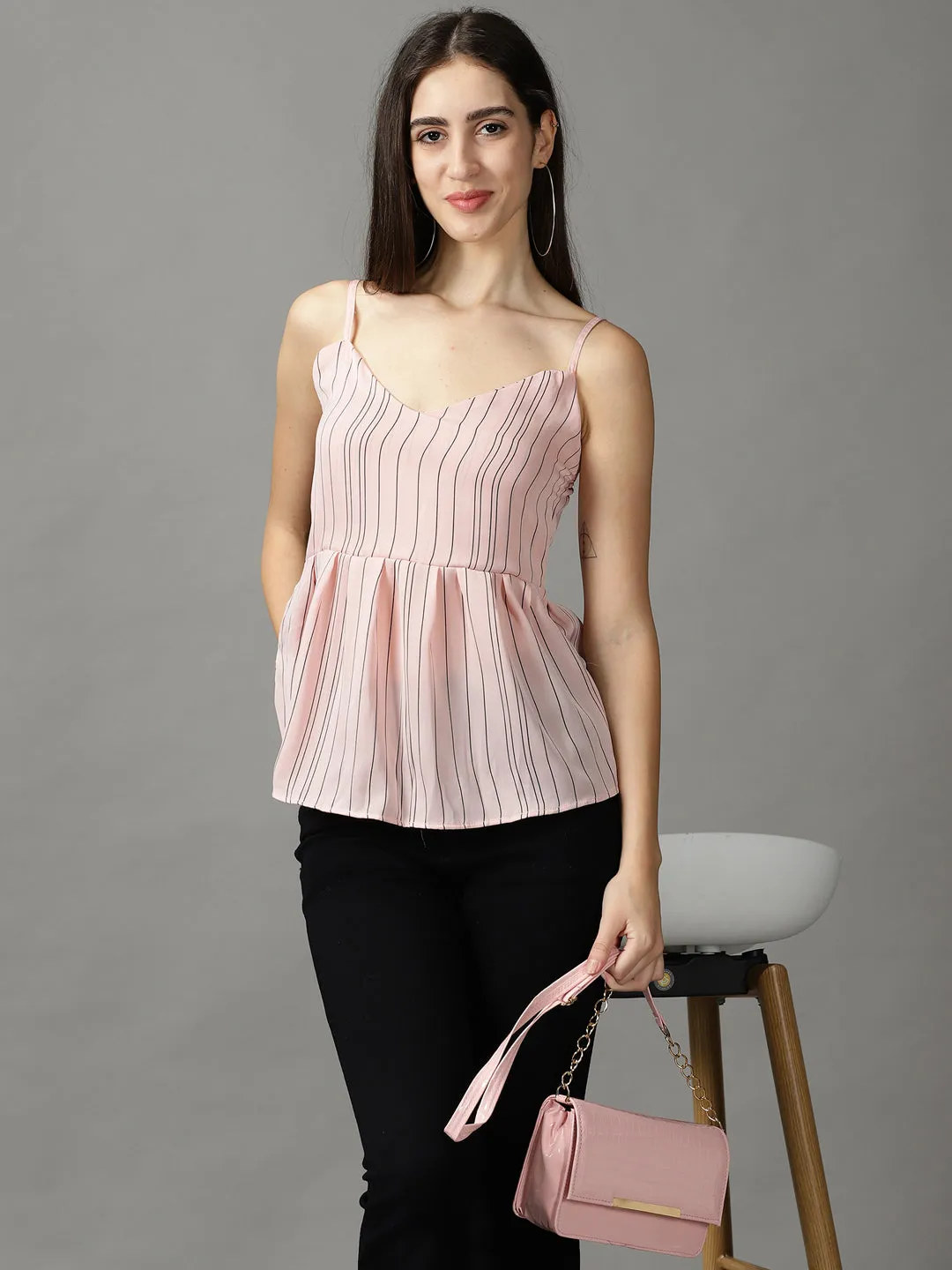Women Pink Striped Shoulder Straps Empire Top