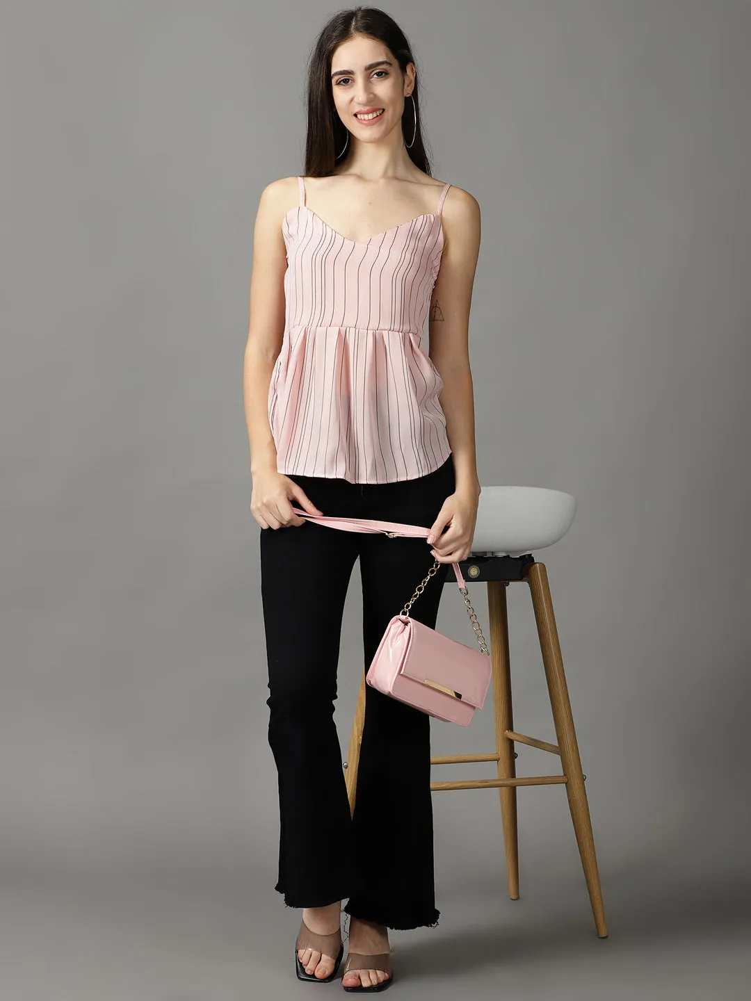 Women Pink Striped Shoulder Straps Empire Top