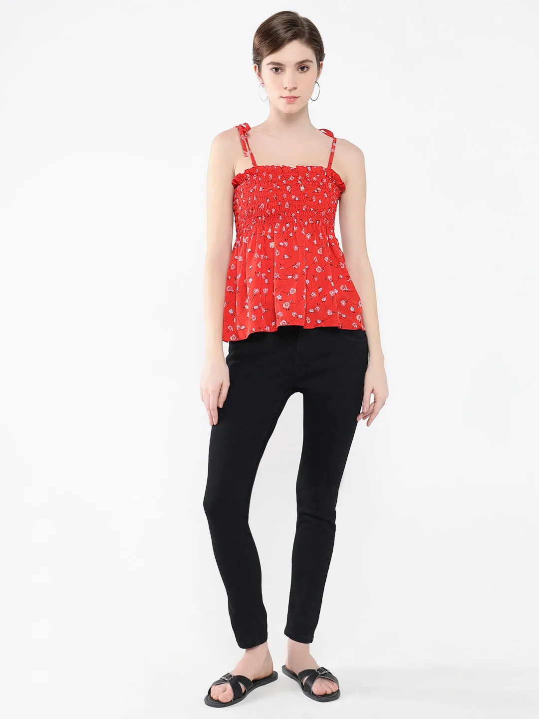 Women Red Floral Print Crepe Peplum Top