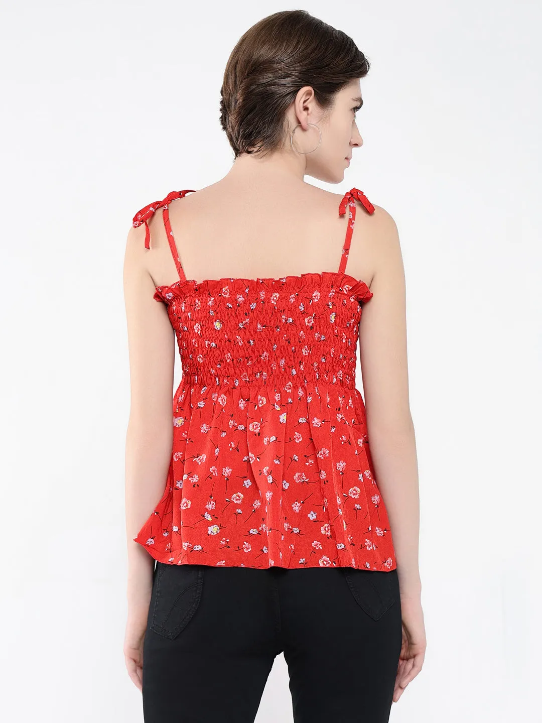 Women Red Floral Print Crepe Peplum Top