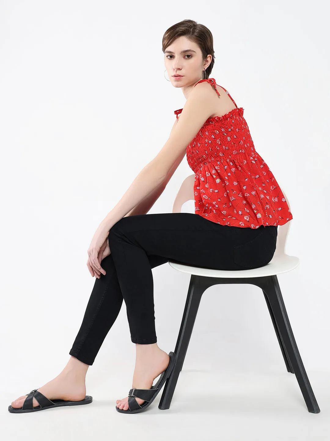Women Red Floral Print Crepe Peplum Top