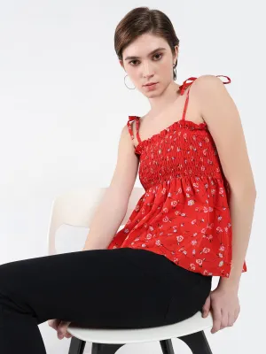 Women Red Floral Print Crepe Peplum Top