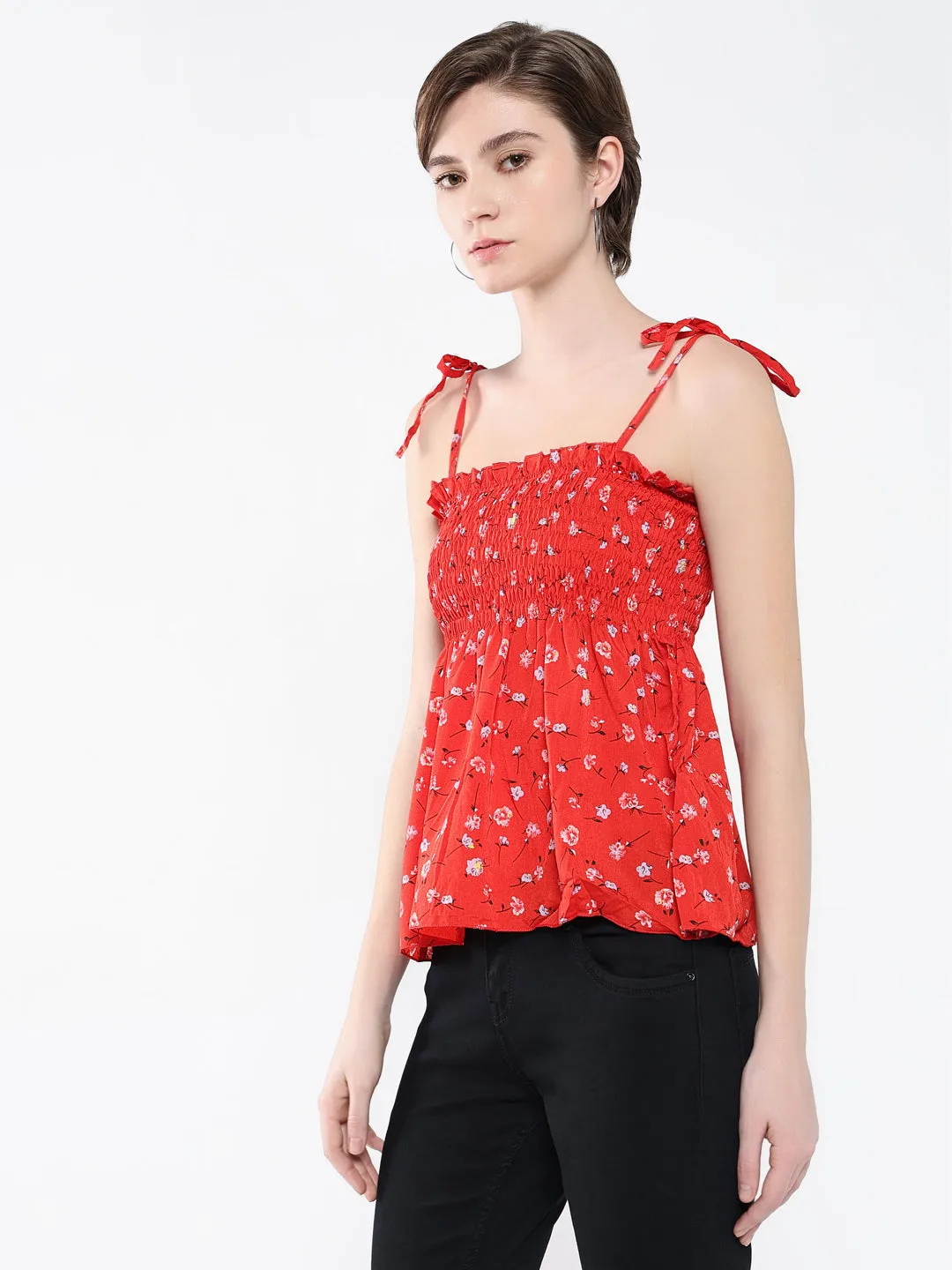 Women Red Floral Print Crepe Peplum Top