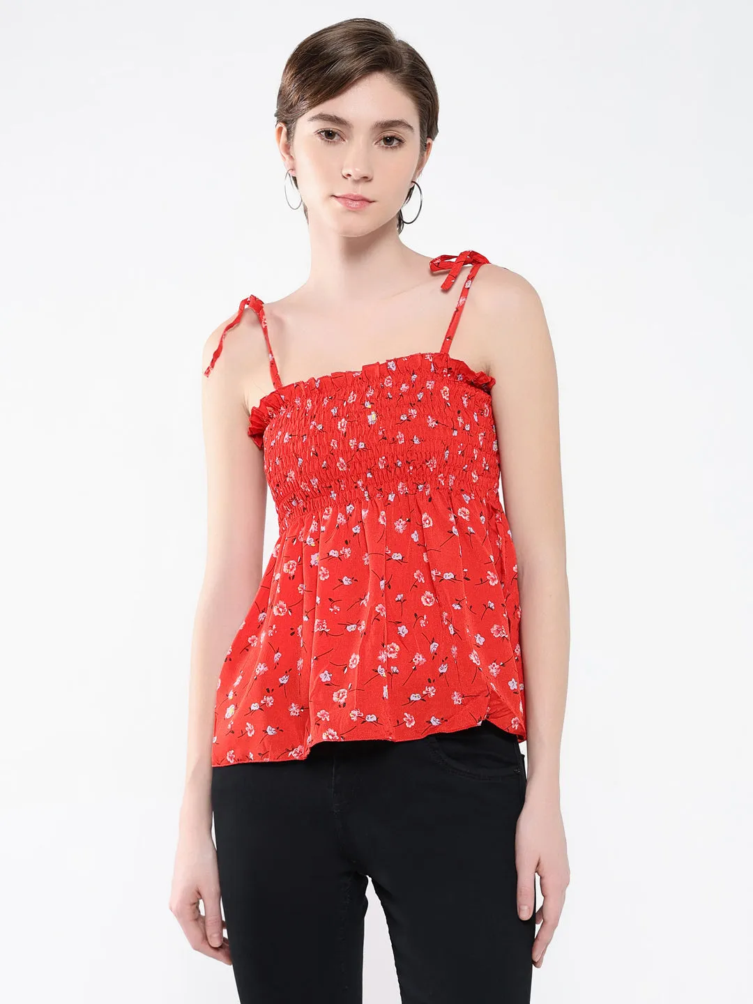 Women Red Floral Print Crepe Peplum Top