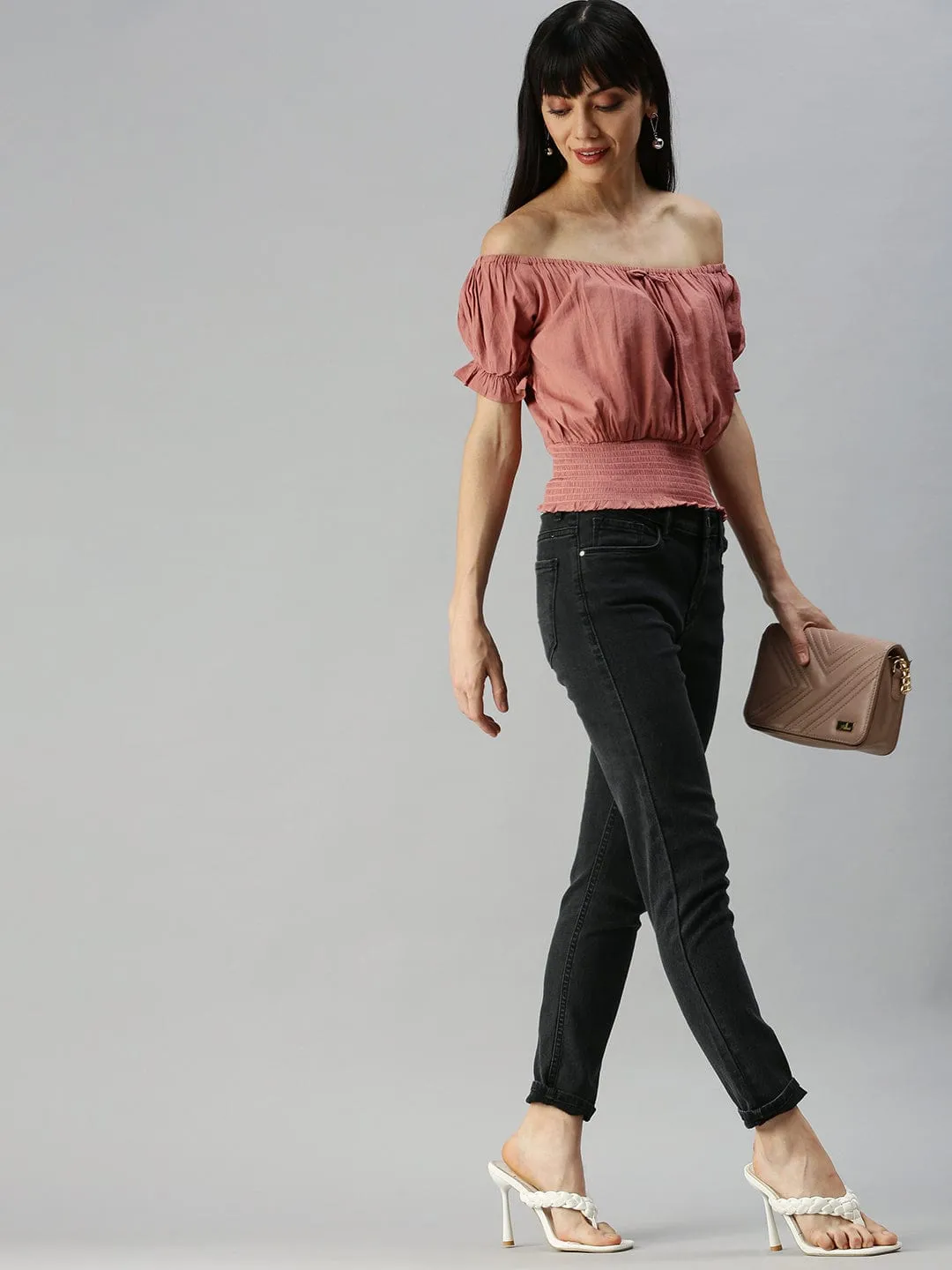 Women Taupe Off-Shoulder Bardot Top
