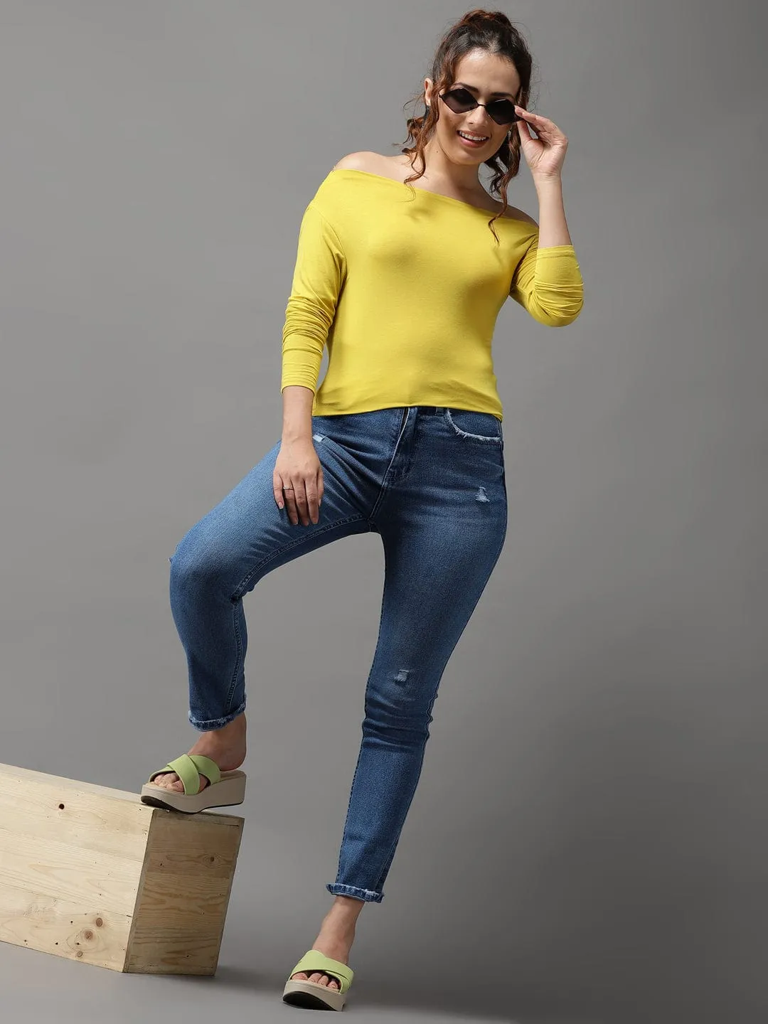 Women Yellow Off-Shoulder Bardot Top