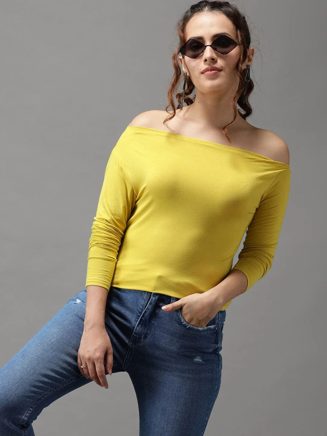 Women Yellow Off-Shoulder Bardot Top