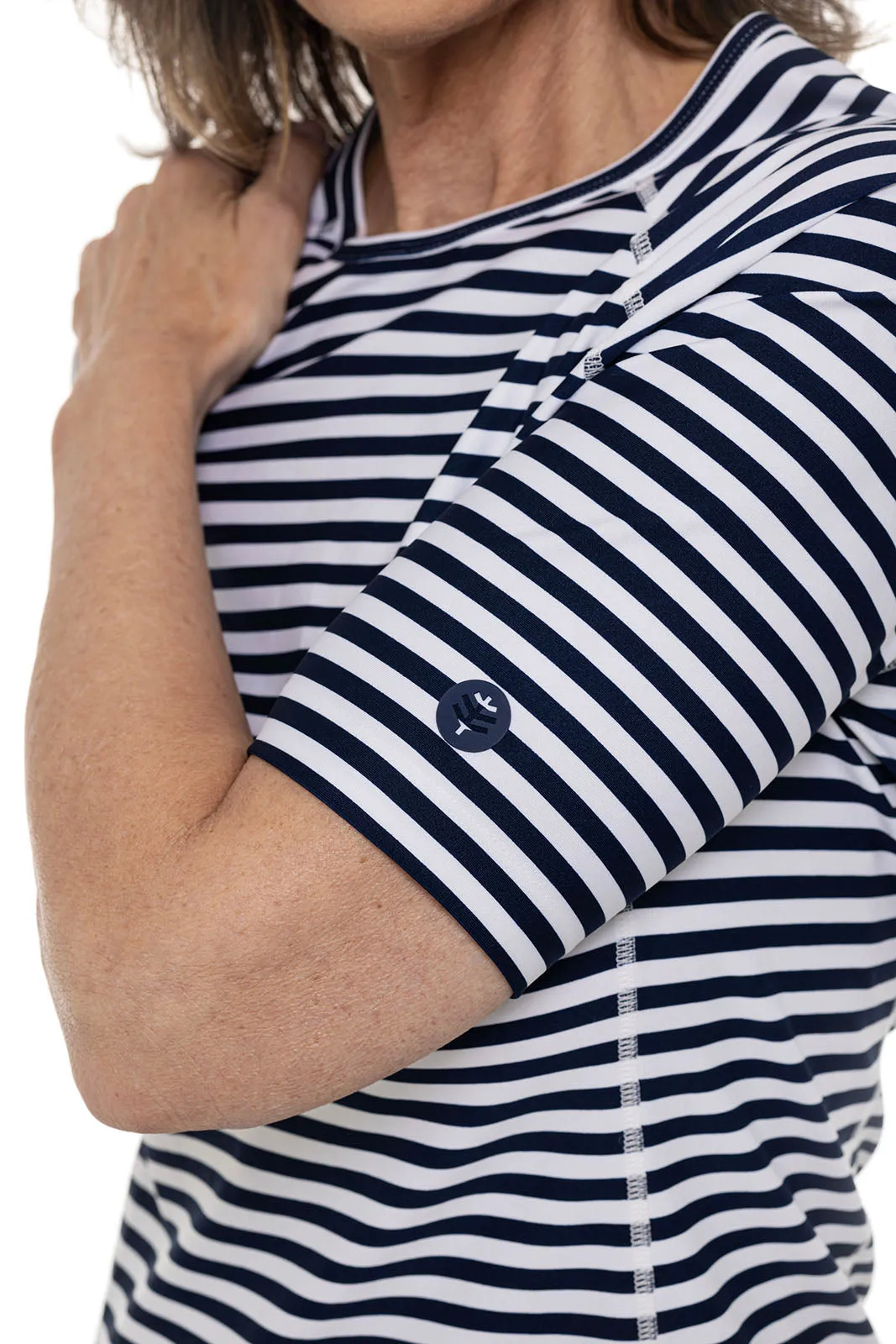 Women's Hightide Short Sleeve Swim Shirt  |  White/Navy Stripe