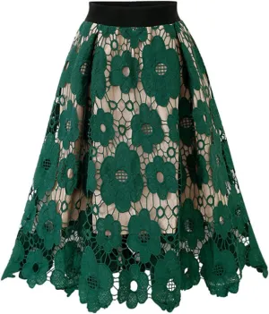 Womens Lace Floral Skirts Fashion Hollow Elastic Waist Ruffles Hem Midi Skirt Trendy Plus Size Spring Skirt Skort